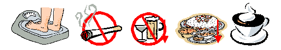 báscula, prohibido fumar, prohibido beber, bajar la ingesta de alimentos, café